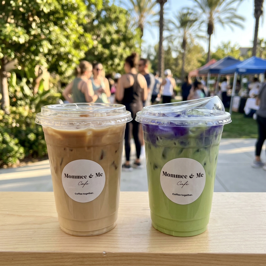 An iced latte and an iced matcha on the wooden cafe cart at a community event