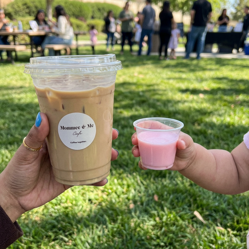 A mom's iced latte next to a little one's strawberry milk